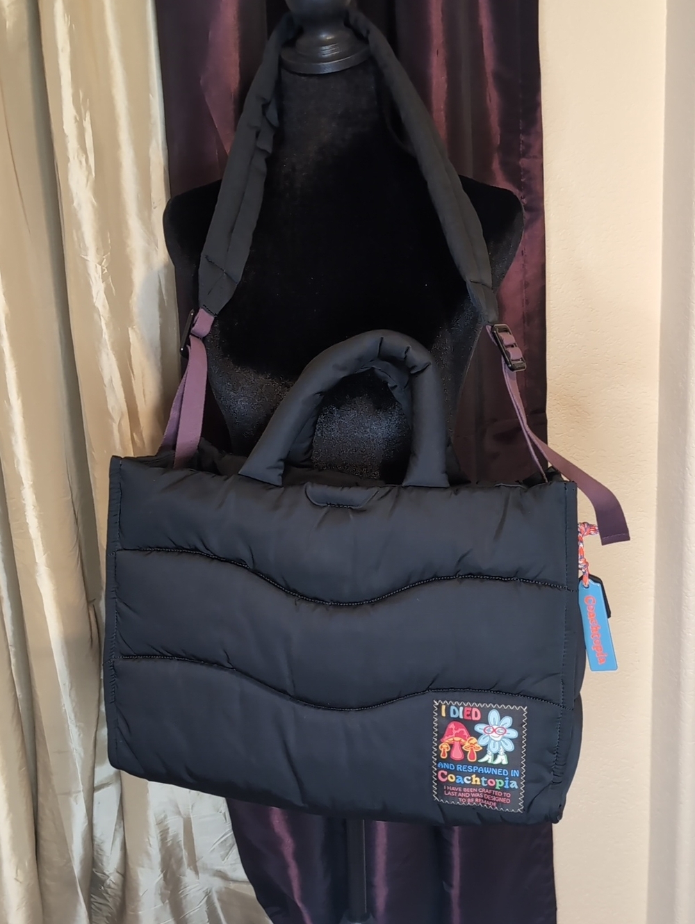 Coachtopia Large Black Quilted Tote Bag with Patch Detail.  Dust Cover Incl